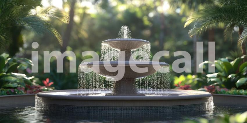 Fountain with cascading water in a garden setting background, water flowing gracefully from the fountain, surrounded by lush greenery, flowers, and serene garden elements, creating a tranquil and refreshing atmosphere.