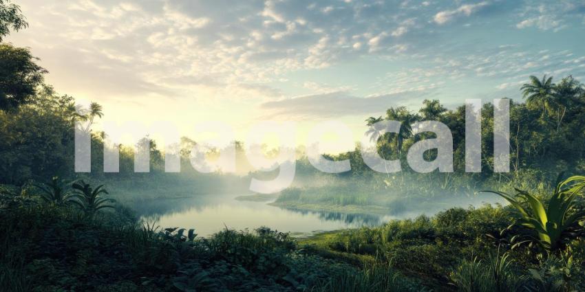 Foggy landscape with sky and deep forest background, a mysterious scene with thick fog enveloping the forest, soft light filtering through the mist, and towering trees partially obscured, creating a tranquil yet eerie atmosphere.