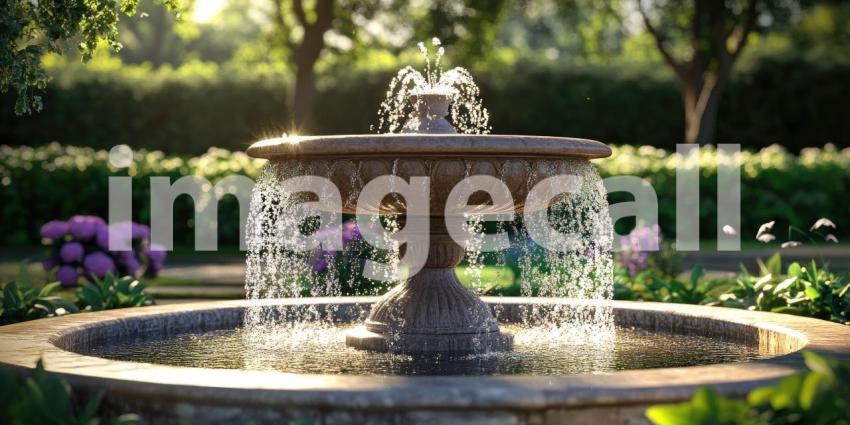 Fountain with cascading water in a garden setting background, water flowing gracefully from the fountain, surrounded by lush greenery, flowers, and serene garden elements, creating a tranquil and refreshing atmosphere.