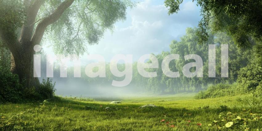 Foggy landscape with sky and deep forest background, a mysterious scene with thick fog enveloping the forest, soft light filtering through the mist, and towering trees partially obscured, creating a tranquil yet eerie atmosphere.