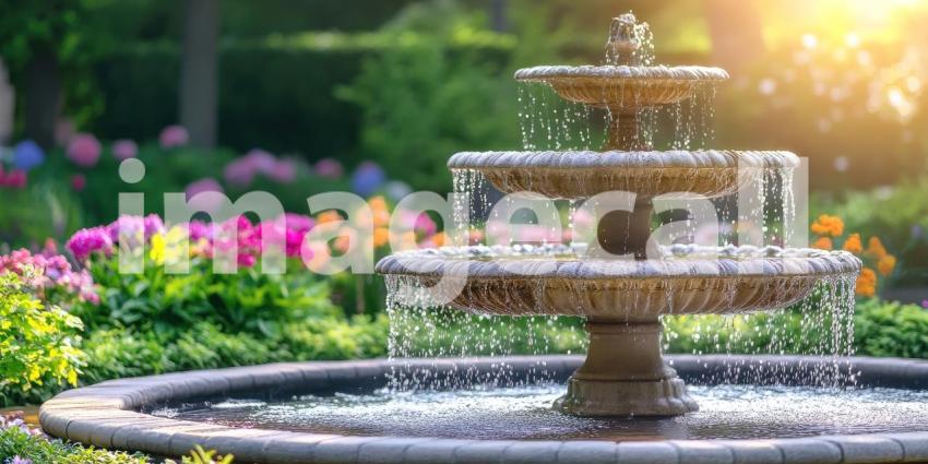 Fountain with cascading water in a garden setting background, water flowing gracefully from the fountain, surrounded by lush greenery, flowers, and serene garden elements, creating a tranquil and refreshing atmosphere.