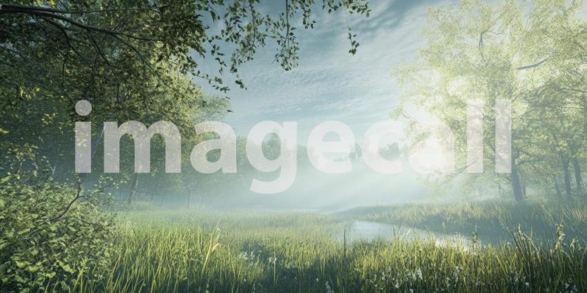 Foggy landscape with sky and deep forest background, a mysterious scene with thick fog enveloping the forest, soft light filtering through the mist, and towering trees partially obscured, creating a tranquil yet eerie atmosphere.