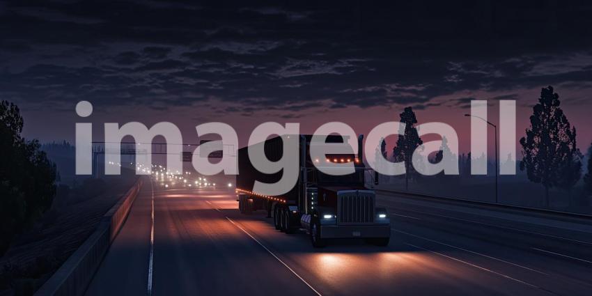 Freight truck driving on a highway at night background, headlights cutting through the darkness as the road stretches ahead under a starry sky, conveying a sense of movement and solitude.