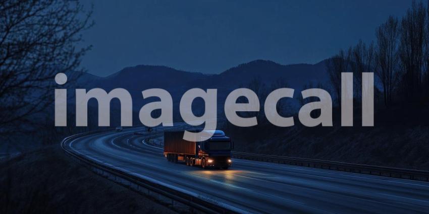 Freight truck driving on a highway at night background, headlights cutting through the darkness as the road stretches ahead under a starry sky, conveying a sense of movement and solitude.