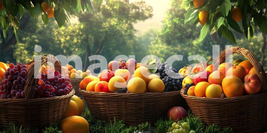 Fresh fruit in baskets at a market background, a vibrant array of ripe fruits like apples, bananas, and oranges neatly arranged in woven baskets, creating a lively and inviting scene filled with natural colors and textures.