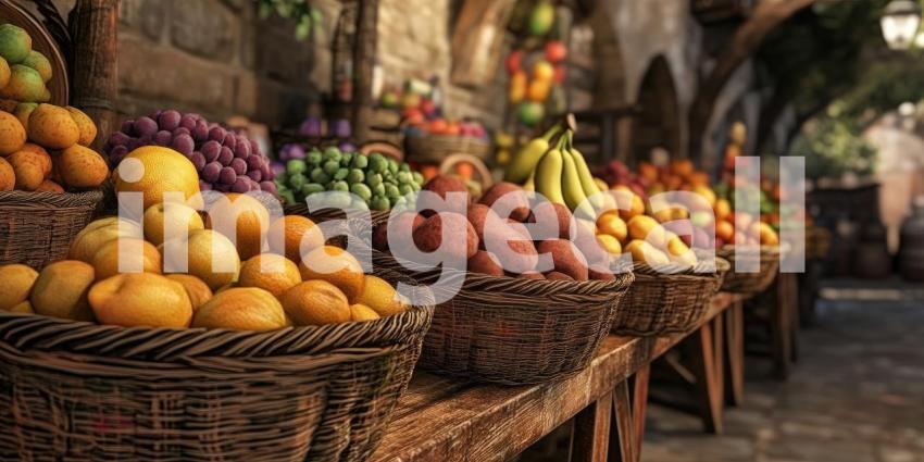 Fresh fruit in baskets at a market background, a vibrant array of ripe fruits like apples, bananas, and oranges neatly arranged in woven baskets, creating a lively and inviting scene filled with natural colors and textures.