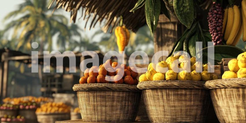Fresh fruit in baskets at a market background, a vibrant array of ripe fruits like apples, bananas, and oranges neatly arranged in woven baskets, creating a lively and inviting scene filled with natural colors and textures.