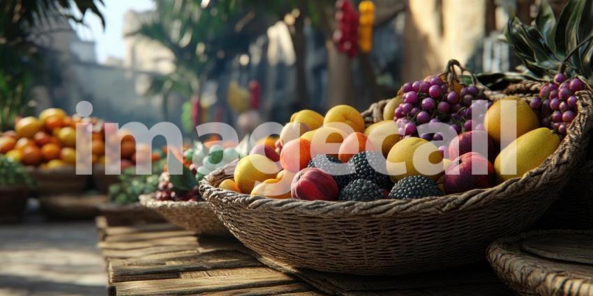 Fresh fruit in baskets at a market background, a vibrant array of ripe fruits like apples, bananas, and oranges neatly arranged in woven baskets, creating a lively and inviting scene filled with natural colors and textures.