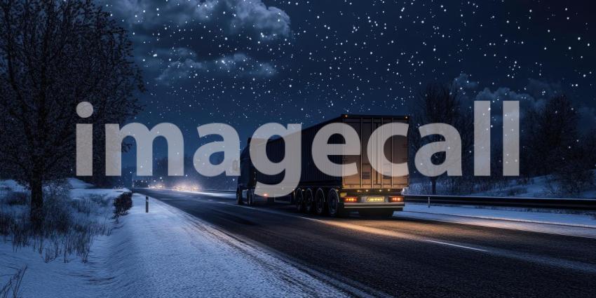 Freight truck driving on a highway at night background, headlights cutting through the darkness as the road stretches ahead under a starry sky, conveying a sense of movement and solitude.