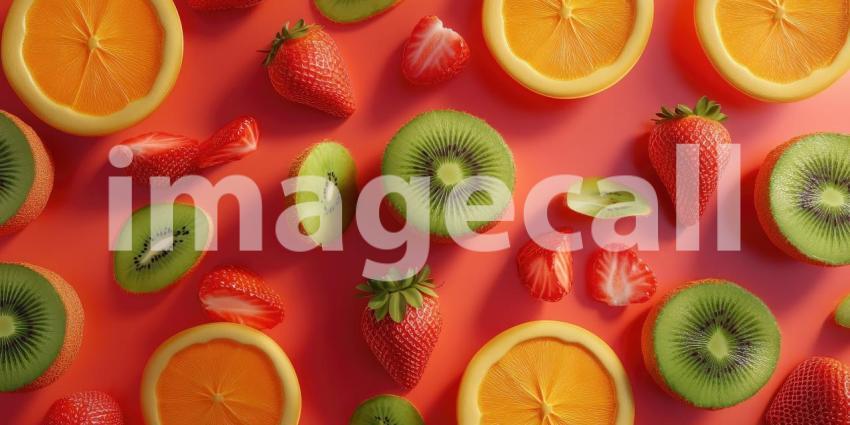 Fresh fruit strawberries, kiwi, and oranges arranged from a top view, showcasing their vibrant colors and textures, with the bright red of strawberries, the green of kiwi, and the orange slices creating a refreshing and appetizing scene.
