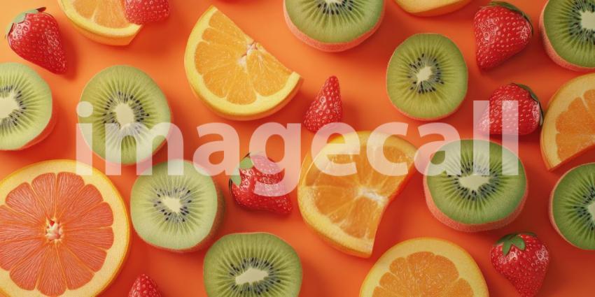 Fresh fruit strawberries, kiwi, and oranges arranged from a top view, showcasing their vibrant colors and textures, with the bright red of strawberries, the green of kiwi, and the orange slices creating a refreshing and appetizing scene.