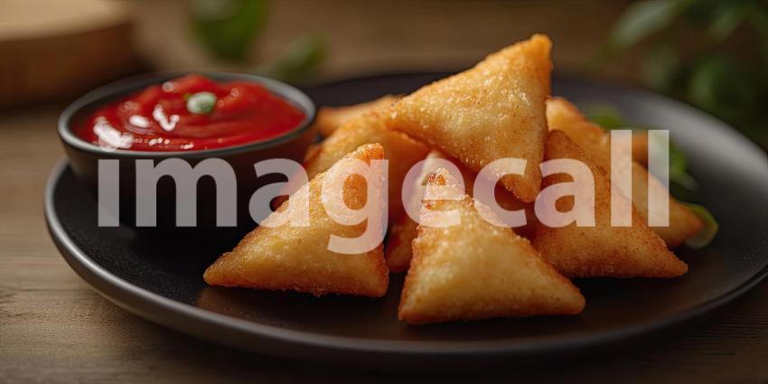 Fried Cheese Triangles on Black Plate with Red Sauce and Copyspace Background, Crispy Cheese Triangles Served with Tangy Red Sauce in a Simple, Elegant Setting
