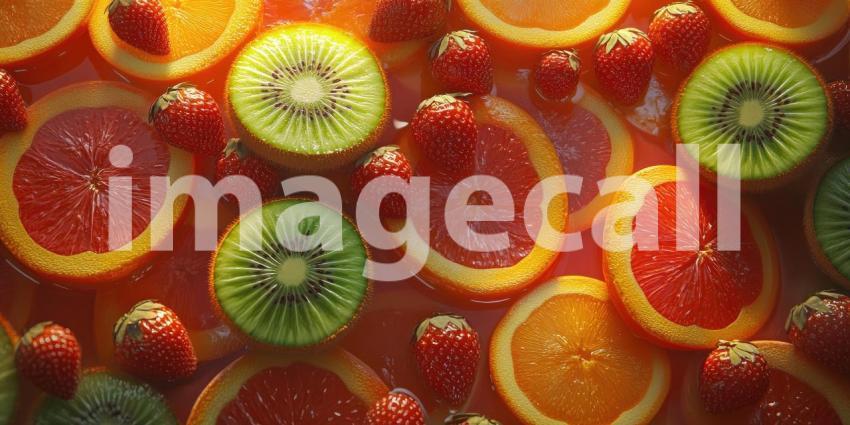 Fresh fruit strawberries, kiwi, and oranges arranged from a top view, showcasing their vibrant colors and textures, with the bright red of strawberries, the green of kiwi, and the orange slices creating a refreshing and appetizing scene.
