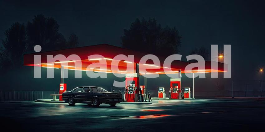 Fuel Nozzle Inserted into Car at Gas Station at Night Background, Nighttime Scene with Illuminated Gas Pump and Car at the Station