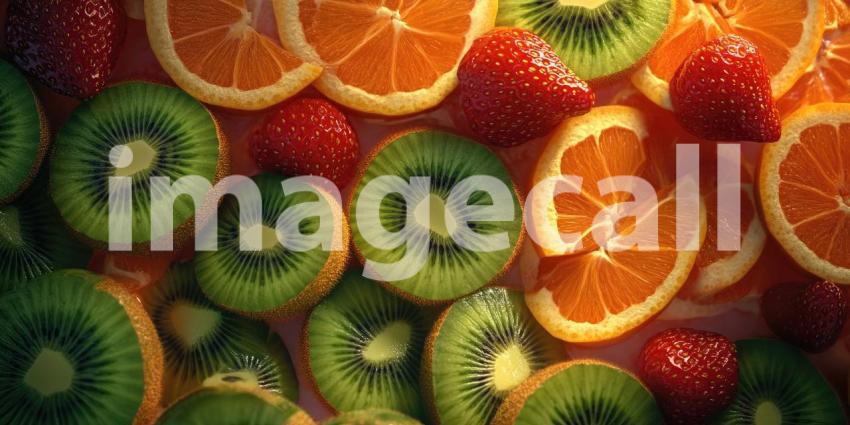 Fresh fruit strawberries, kiwi, and oranges arranged from a top view, showcasing their vibrant colors and textures, with the bright red of strawberries, the green of kiwi, and the orange slices creating a refreshing and appetizing scene.