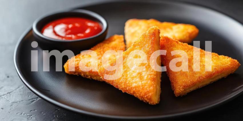 Fried Cheese Triangles on Black Plate with Red Sauce and Copyspace Background, Crispy Cheese Triangles Served with Tangy Red Sauce in a Simple, Elegant Setting