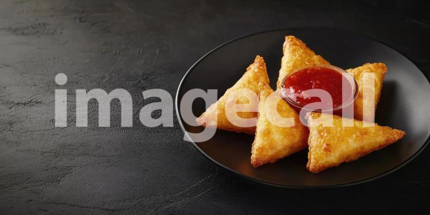 Fried Cheese Triangles on Black Plate with Red Sauce and Copyspace Background, Crispy Cheese Triangles Served with Tangy Red Sauce in a Simple, Elegant Setting
