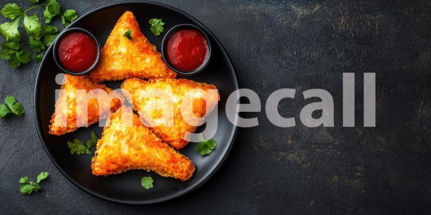 Fried Cheese Triangles on Black Plate with Red Sauce and Copyspace Background, Crispy Cheese Triangles Served with Tangy Red Sauce in a Simple, Elegant Setting