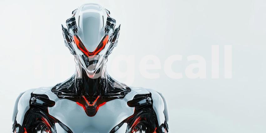 Futuristic AI humanoid robot with copyspace background, a sleek, high-tech humanoid robot standing in a neutral, minimalist setting, with smooth metallic surfaces and glowing elements, leaving ample space for text or branding.