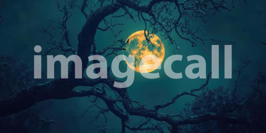 Full moon through twisted tree branches at night background, the glowing moon visible through the gnarled and intricate branches of a tree, casting soft light across the dark sky, creating a mysterious and atmospheric scene.
