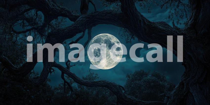 Full moon through twisted tree branches at night background, the glowing moon visible through the gnarled and intricate branches of a tree, casting soft light across the dark sky, creating a mysterious and atmospheric scene.