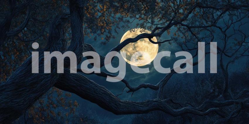 Full moon through twisted tree branches at night background, the glowing moon visible through the gnarled and intricate branches of a tree, casting soft light across the dark sky, creating a mysterious and atmospheric scene.