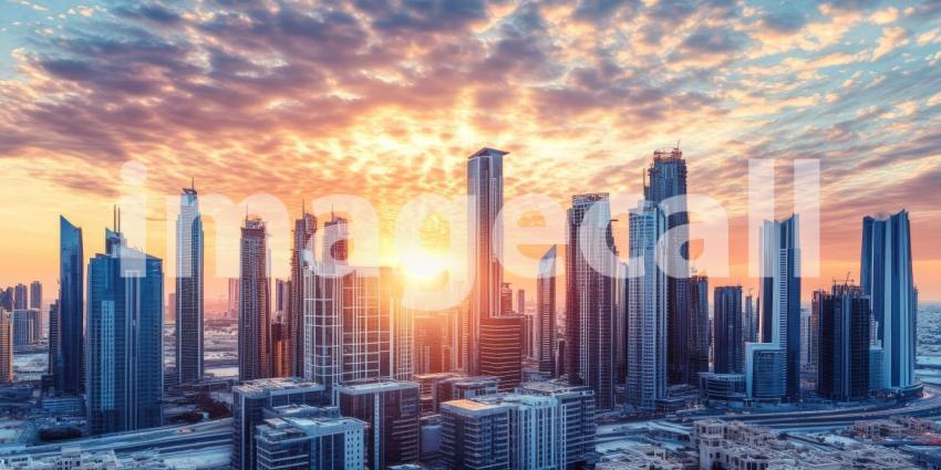 Futuristic cityscape at sunset with skyscrapers background, towering, sleek skyscrapers silhouetted against a vibrant orange and purple sunset sky, with glowing lights and a dynamic, modern feel, evoking a sense of innovation and progress.