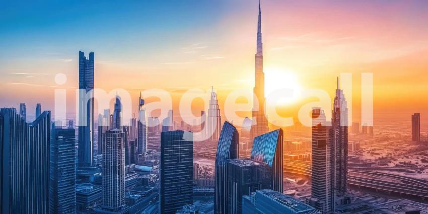 Futuristic cityscape at sunset with skyscrapers background, towering, sleek skyscrapers silhouetted against a vibrant orange and purple sunset sky, with glowing lights and a dynamic, modern feel, evoking a sense of innovation and progress.