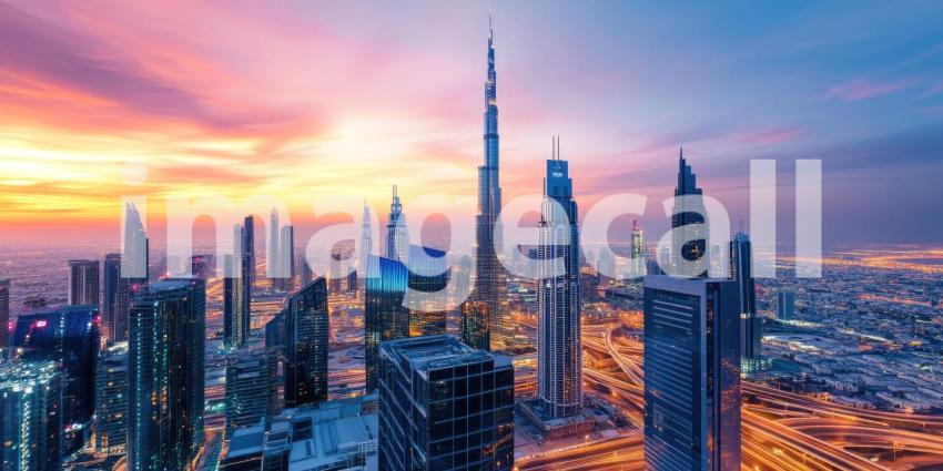Futuristic cityscape at sunset with skyscrapers background, towering, sleek skyscrapers silhouetted against a vibrant orange and purple sunset sky, with glowing lights and a dynamic, modern feel, evoking a sense of innovation and progress.