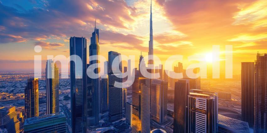 Futuristic cityscape at sunset with skyscrapers background, towering, sleek skyscrapers silhouetted against a vibrant orange and purple sunset sky, with glowing lights and a dynamic, modern feel, evoking a sense of innovation and progress.