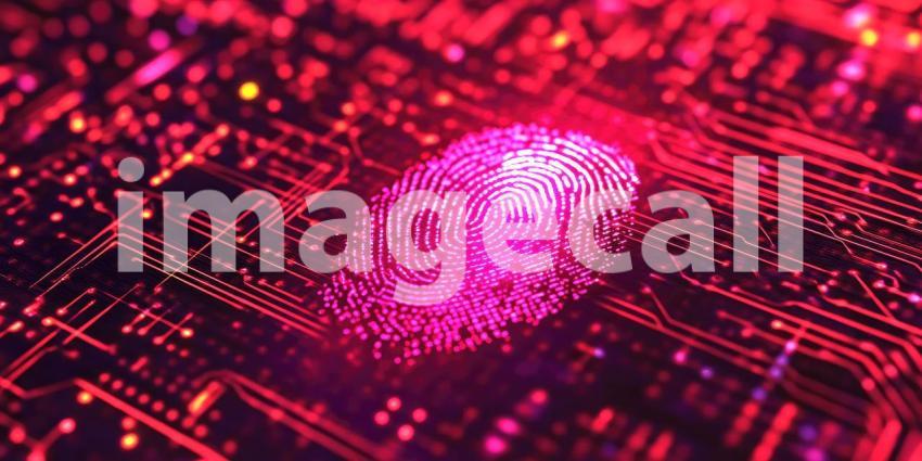 Glowing Fingerprint on Circuit Board Background, Illuminated Fingerprint Integrated with High-Tech Circuitry in a Futuristic Design