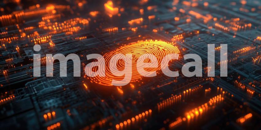 Glowing Fingerprint on Circuit Board Background, Illuminated Fingerprint Integrated with High-Tech Circuitry in a Futuristic Design