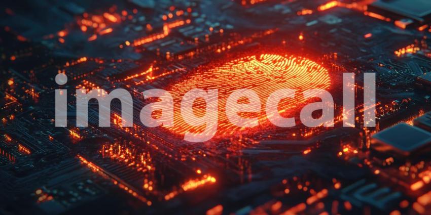 Glowing Fingerprint on Circuit Board Background, Illuminated Fingerprint Integrated with High-Tech Circuitry in a Futuristic Design