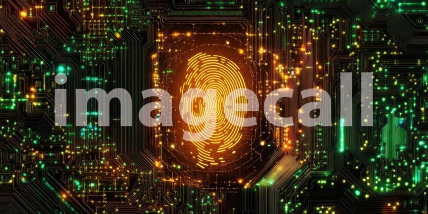 Glowing Fingerprint on Circuit Board Background, Illuminated Fingerprint Integrated with High-Tech Circuitry in a Futuristic Design