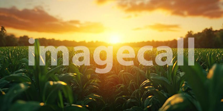 Golden sunrise over a lush green field background, warm sunlight casting a golden glow across the vibrant green landscape, with soft rays illuminating the horizon and creating a peaceful, serene morning atmosphere.