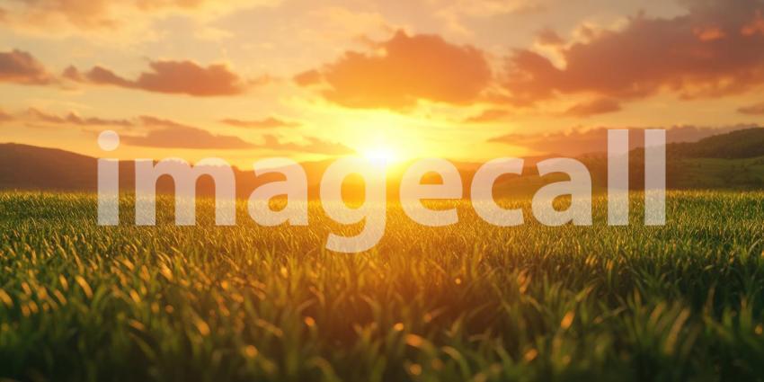 Golden sunrise over a lush green field background, warm sunlight casting a golden glow across the vibrant green landscape, with soft rays illuminating the horizon and creating a peaceful, serene morning atmosphere.