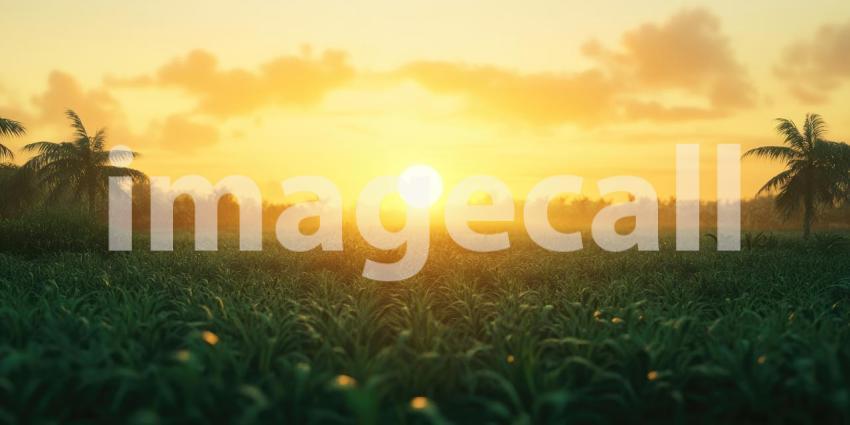 Golden sunrise over a lush green field background, warm sunlight casting a golden glow across the vibrant green landscape, with soft rays illuminating the horizon and creating a peaceful, serene morning atmosphere.
