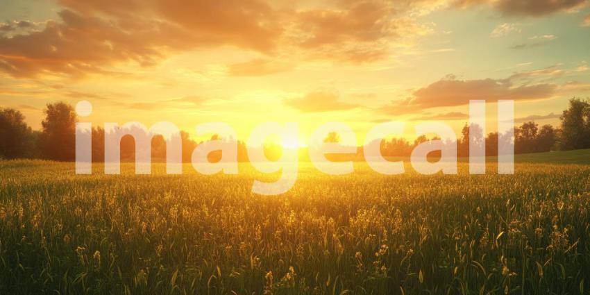 Golden sunrise over a lush green field background, warm sunlight casting a golden glow across the vibrant green landscape, with soft rays illuminating the horizon and creating a peaceful, serene morning atmosphere.