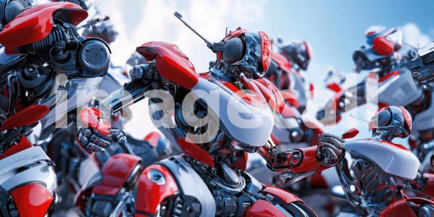 Group of highly detailed futuristic modern AI robots background, a collection of sleek, advanced humanoid robots with intricate designs and glowing elements, standing together in a high-tech environment, showcasing cutting-edge technology and innovation.