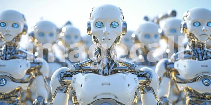 Group of highly detailed futuristic modern AI robots background, a collection of sleek, advanced humanoid robots with intricate designs and glowing elements, standing together in a high-tech environment, showcasing cutting-edge technology and innovation.