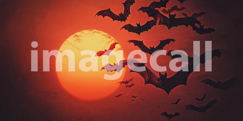 Halloween bats flying in the night sky background, silhouetted bats soaring against a dark, eerie sky lit by a glowing full moon, creating a spooky and atmospheric Halloween scene.
