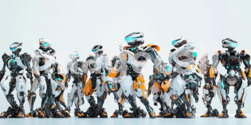 Group of highly detailed futuristic modern AI robots background, a collection of sleek, advanced humanoid robots with intricate designs and glowing elements, standing together in a high-tech environment, showcasing cutting-edge technology and innovation.