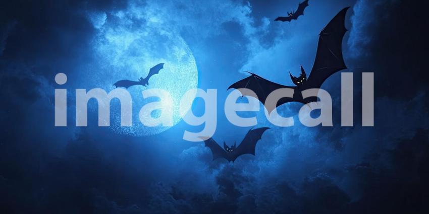 Halloween bats flying in the night sky background, silhouetted bats soaring against a dark, eerie sky lit by a glowing full moon, creating a spooky and atmospheric Halloween scene.