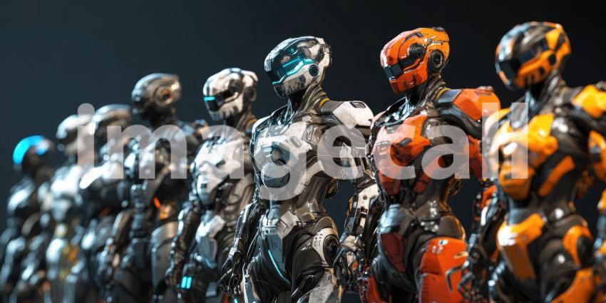 Group of highly detailed futuristic modern AI robots background, a collection of sleek, advanced humanoid robots with intricate designs and glowing elements, standing together in a high-tech environment, showcasing cutting-edge technology and innovation.