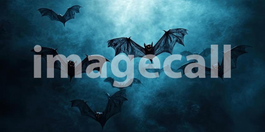 Halloween bats flying in the night sky background, silhouetted bats soaring against a dark, eerie sky lit by a glowing full moon, creating a spooky and atmospheric Halloween scene.
