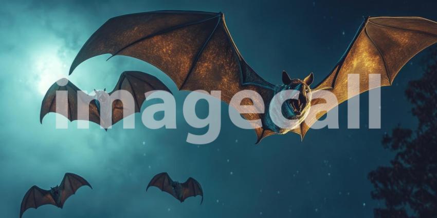 Halloween bats flying in the night sky background, silhouetted bats soaring against a dark, eerie sky lit by a glowing full moon, creating a spooky and atmospheric Halloween scene.