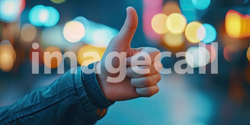 Hand Signaling Thumbs Up with Blurred Background, Focused Gesture with a Softly Blurred Neutral Backdrop