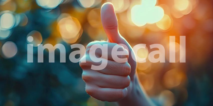 Hand Signaling Thumbs Up with Blurred Background, Focused Gesture with a Softly Blurred Neutral Backdrop