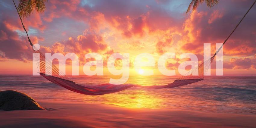 Hammock on a sandy beach at sunset background, gently swaying between palm trees as the sky is painted in warm hues of orange and pink, creating a peaceful, serene atmosphere.