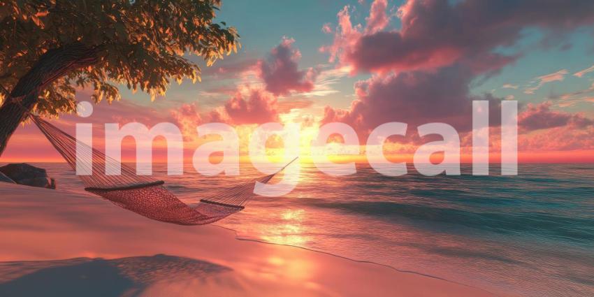 Hammock on a sandy beach at sunset background, gently swaying between palm trees as the sky is painted in warm hues of orange and pink, creating a peaceful, serene atmosphere.